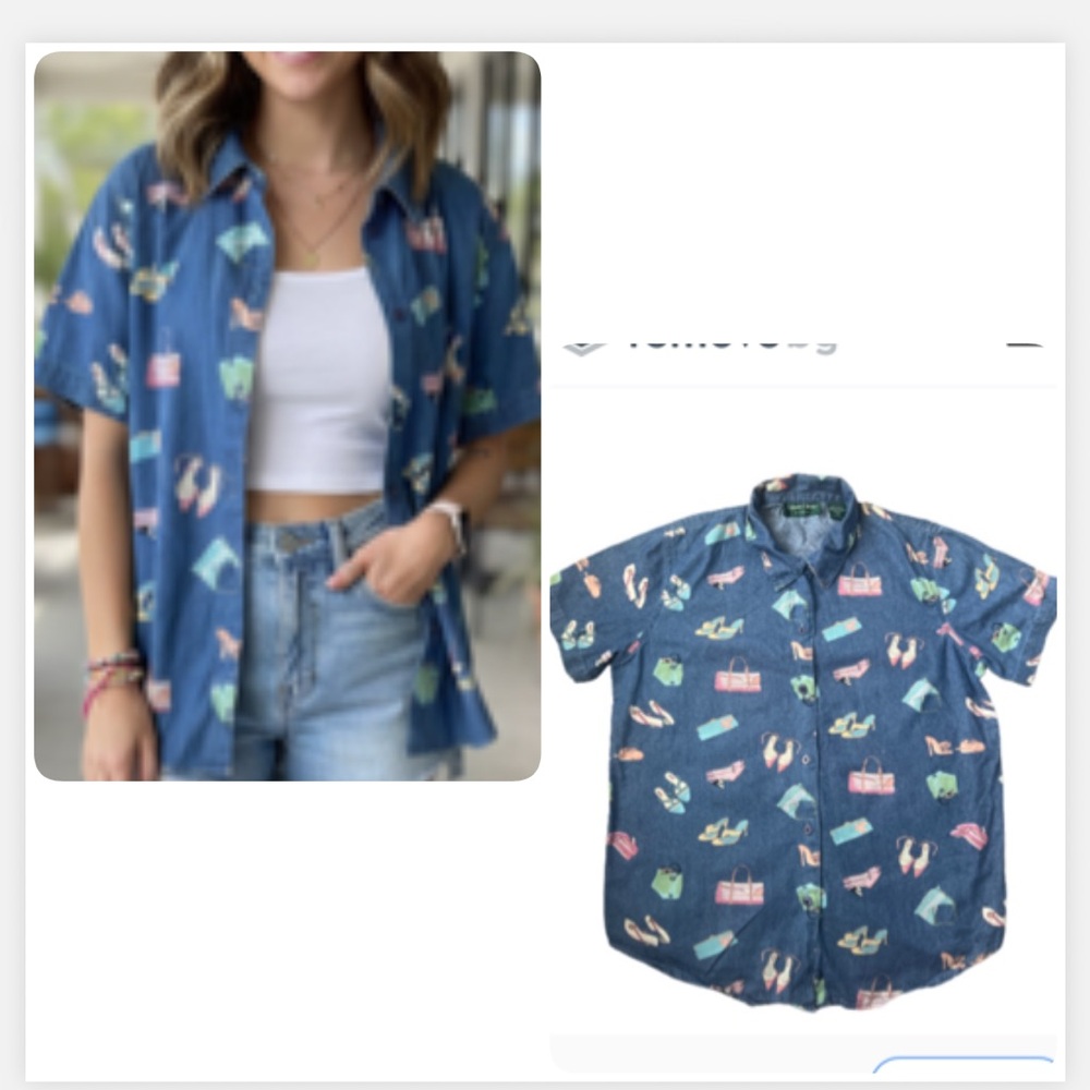 Y2k Lemon Grass CottageCore  Blue Denim Print  Button up Top